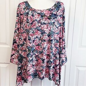 Zac & Rachel 2X Pink Multi Floral Print Stretch 3/4 Sleeve Top